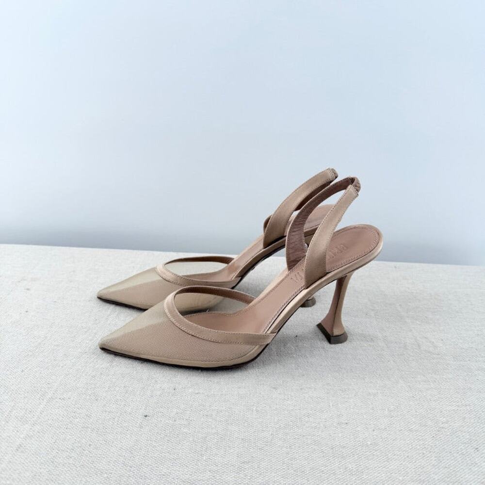 NWOT Britt Netta Esme Satin Trimmed Mesh Slingback Pump Beige Women EU 38.5
